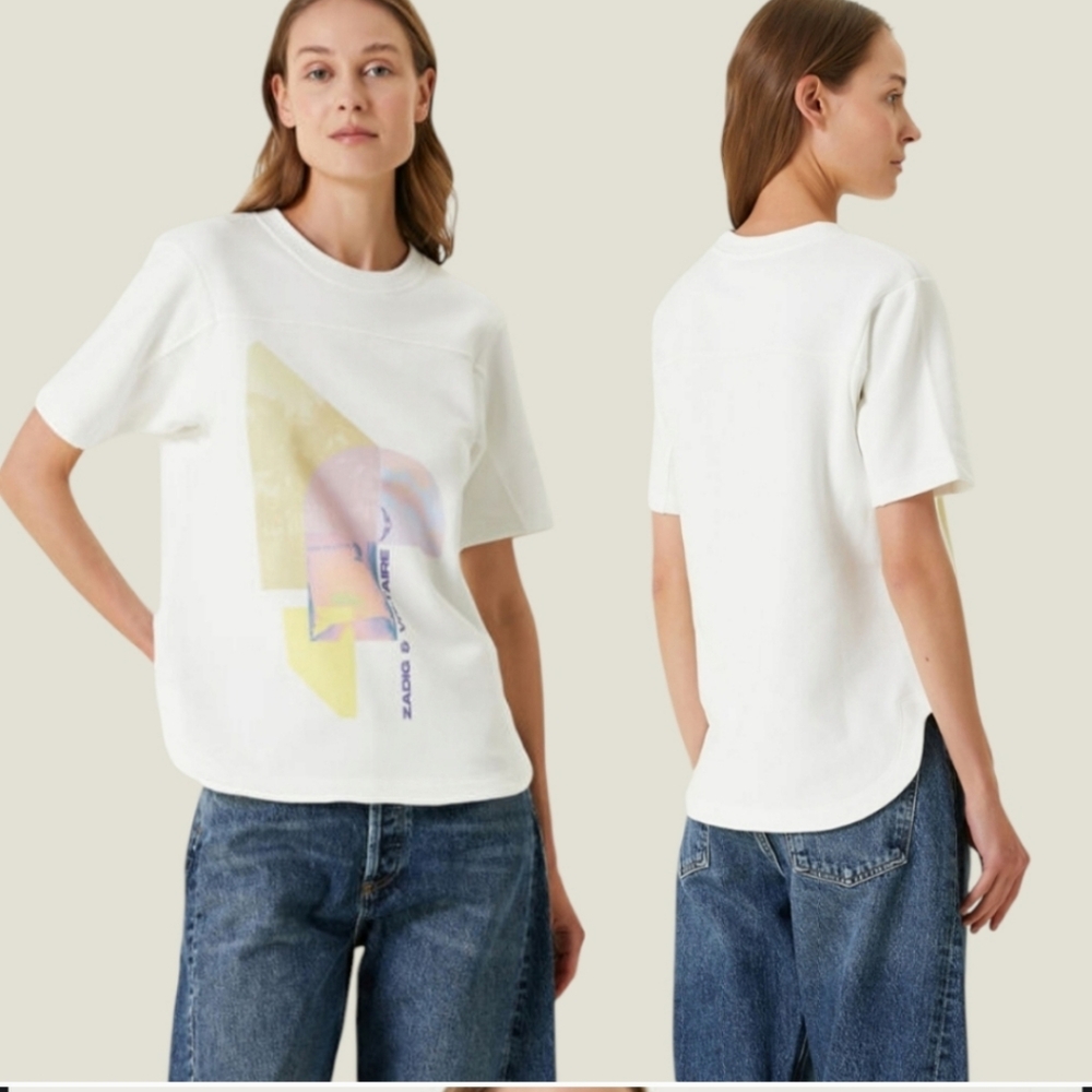 Zadig Voltaire Bow Mo Terry Palmier Whitw Cotton Retro Graphic Design Tee SF New